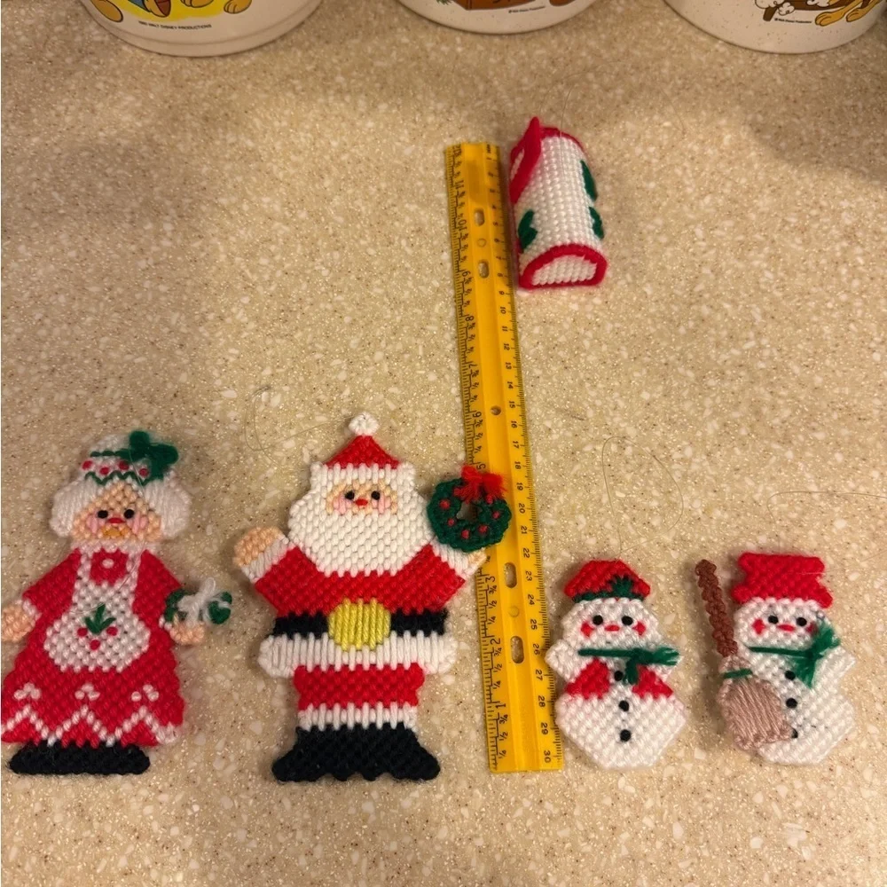Vintage Christmas Santa,Ms.Claus Snowman Handmade Needle Point Ornaments Set